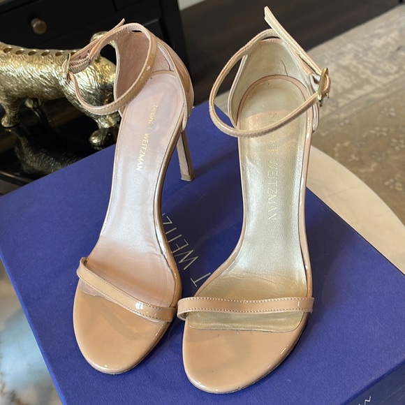 Stuart Weitzman Nude Nudistsong Heel Ankle Strap Patent Leather Sandals  Beige - Picture 6 of 17